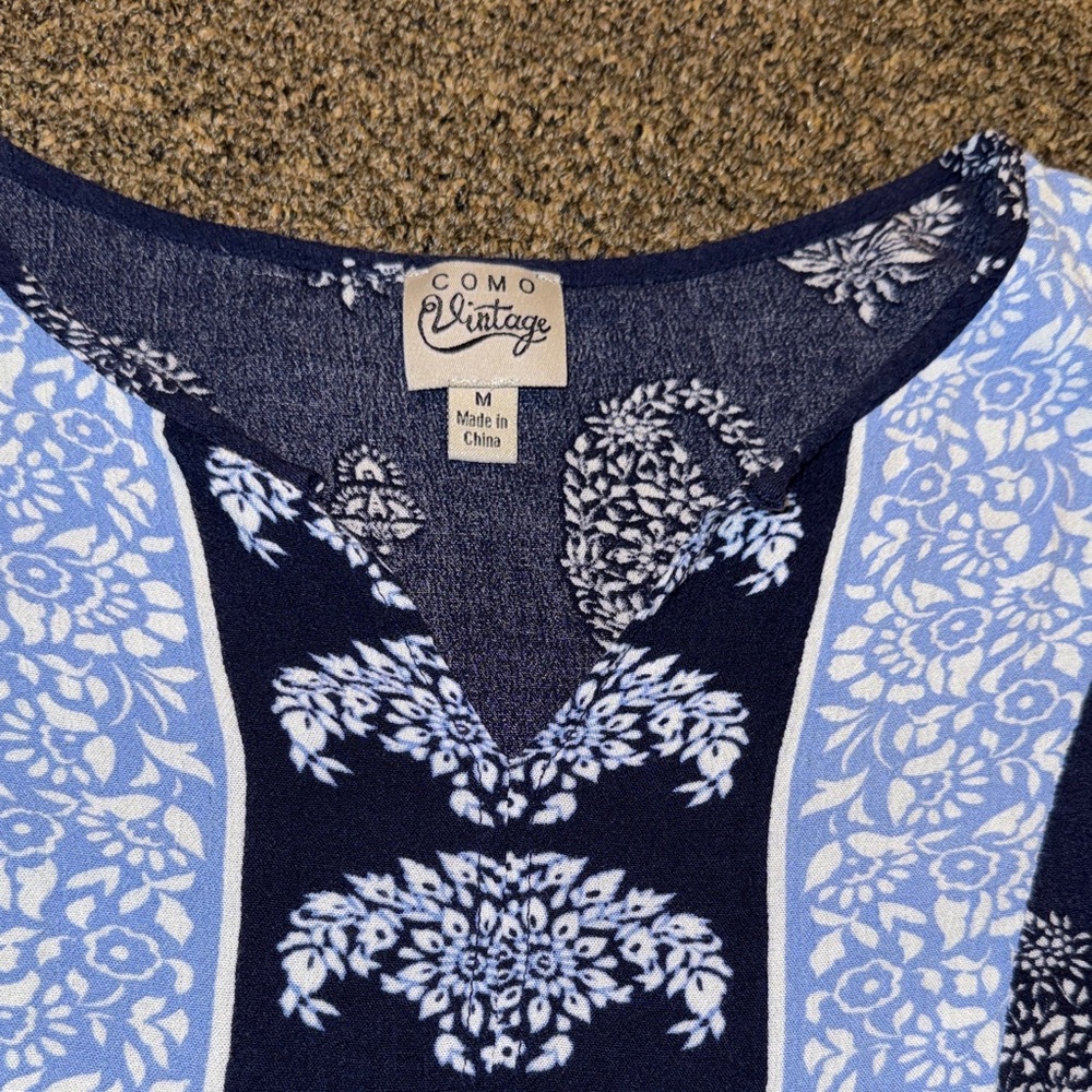 Como Vintage Navy and Light Blue Floral Blouse